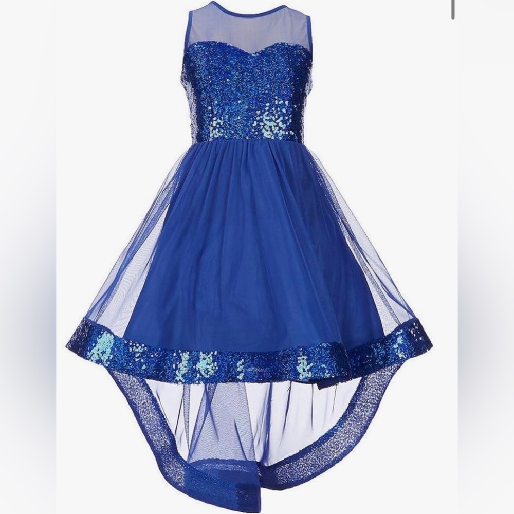 TWEEN DIVA Girls Royal Blue Sequin Tulle High Low Flower Girl Dress Big Girl